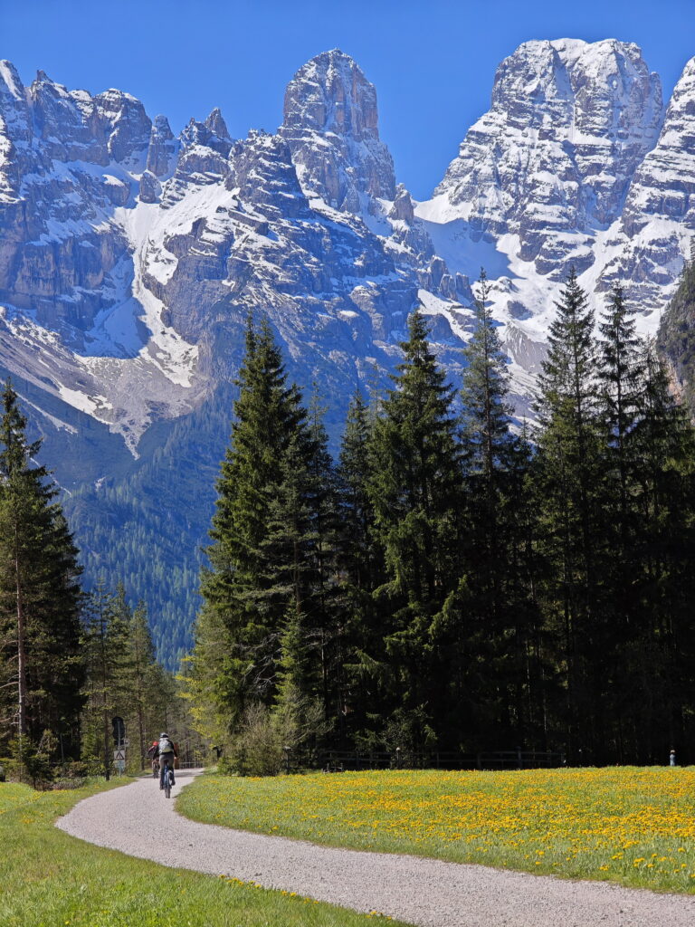 Durch das Höhlensteintal vom Toblacher See zum Dürrensee mountainbiken - mit Blick auf die Cristallo Gruppe